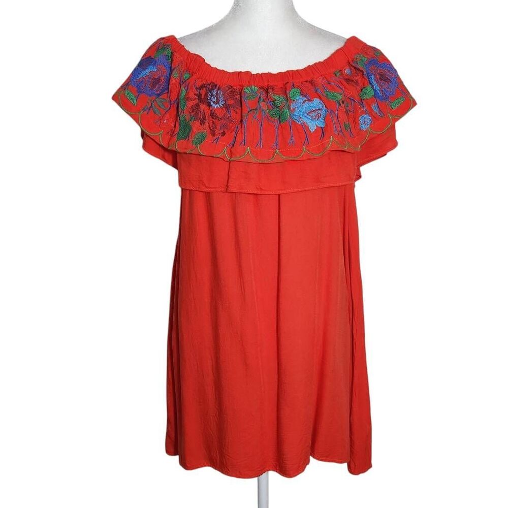 Altar'd State Embroidered Off-the-Shoulder Red Mini Dress with Ruffle Size Large